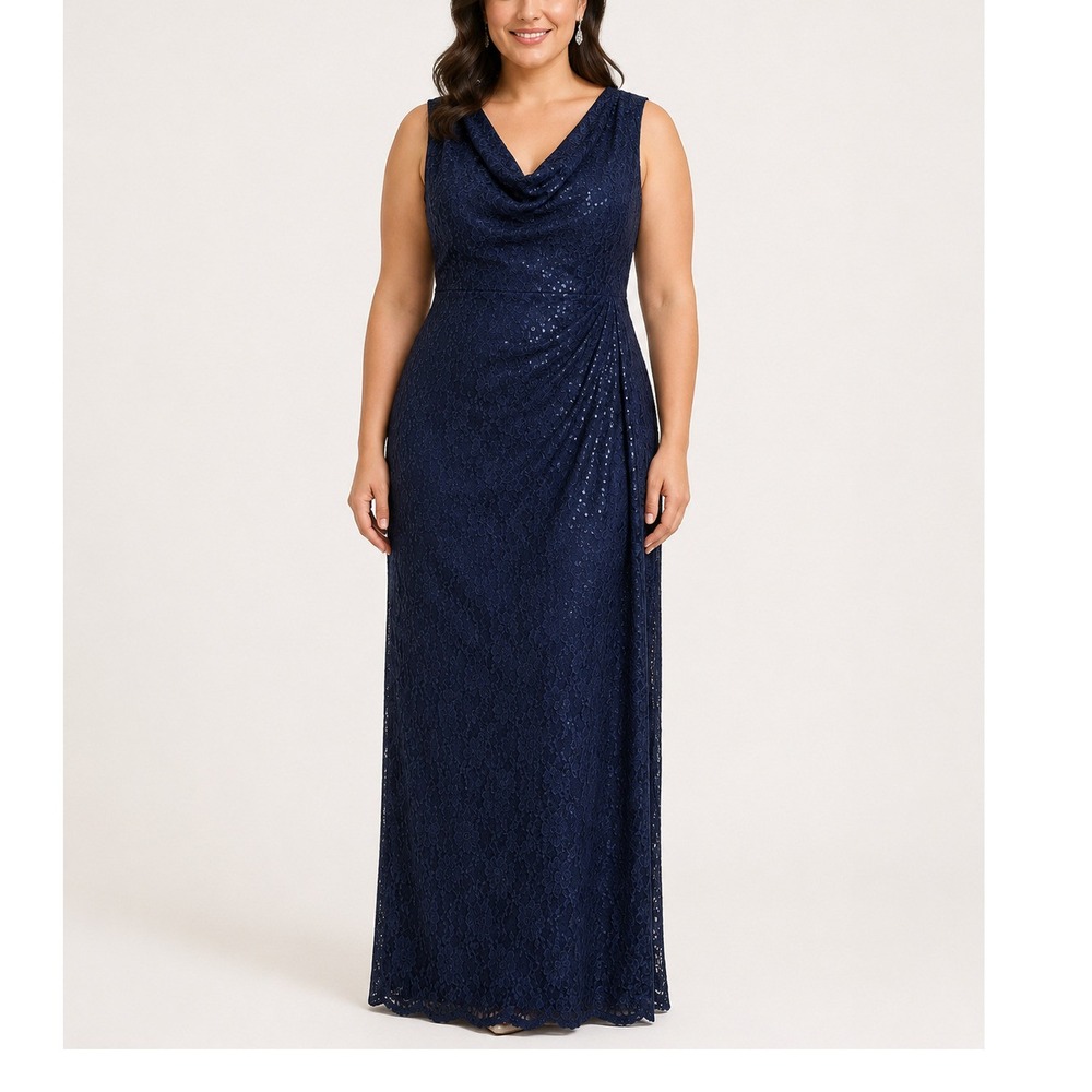 Connected Apparel Navy Blue Sequin Floral Lace Cowl Neck Maxi Evening Gown 12